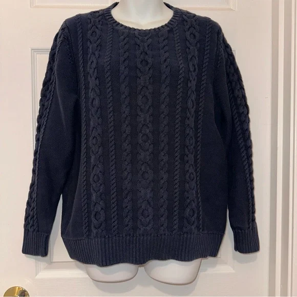 L.L.Bean Women’s XL Navy Blue Double L Cable Knit Sweater 100% Cotton Fisherman - Picture 14 of 14